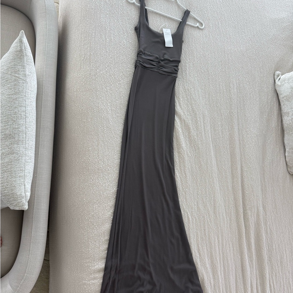 RIOT Sleeveless Dark Gray Maxi Dress with Ruched Waist